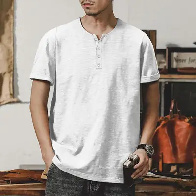 Men's Gray Bamboo Short Sleeve T-Shirt with Henry Collar