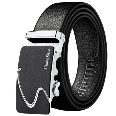 Men's Black Leather Belt with Automatic Buckle & Caliber Design