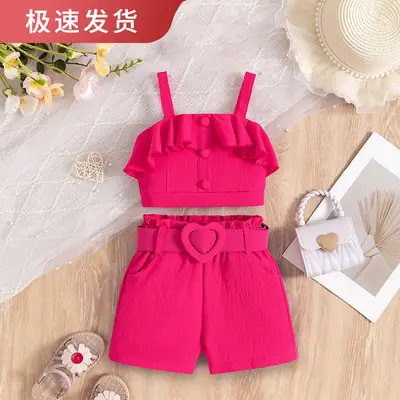 Girls Pink Ruffled Shorts Set with Bow