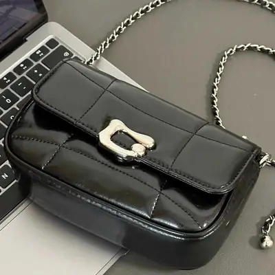 Black Textured Chain Shoulder Bag for Women 2026