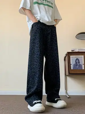 Men Blue Leopard Print Wide Leg Pants American Vibe