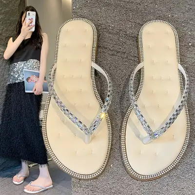Women Rhinestone Fairy Flats Summer Flip Flops Large