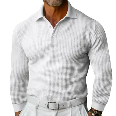 Men White Waffle Polo Shirt Slim Fit Long Sleeve