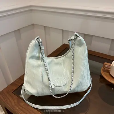 Women's Light Green Pleated Shoulder Bag with Cute Charm