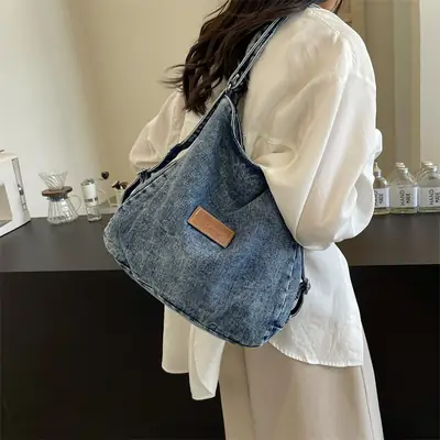Ruiying Wash Denim Shoulder Bag Blue Large Capacity