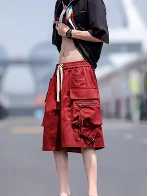 Wine Red Retro Tooling Shorts Men Summer Loose Wide-leg Knee-length Pants