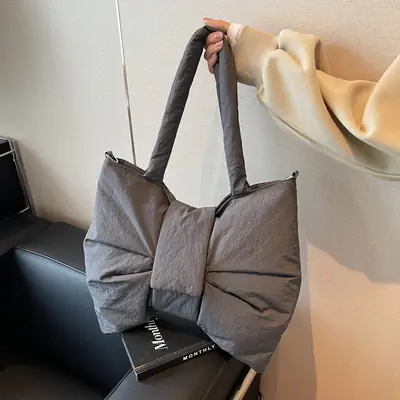 Women's Korean Style Distinctive Bow Tote Bag Grey Large Capacity