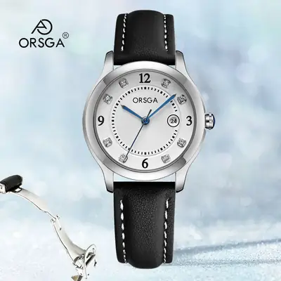 ORSGA Women's Quartz Watch with Diamond Dial & Black Strap