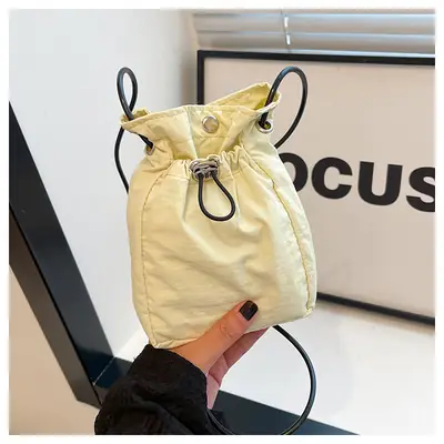 Women Drawstring Bucket Bag Cream Nylon Shoulder Crossbody