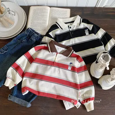 Children's Korean Style Polo Shirt with Bear Print
