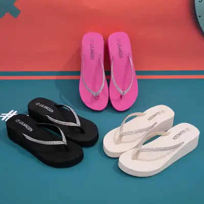 Women's Pink & Black Flip Flops with Diamond Strap