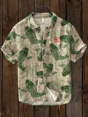 Slub Printed Short Sleeve Collar Shirt Red White