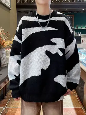 Men's Black & White Knit Sweater Lazy Wind