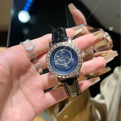 Luminous Blue Dial Waterproof Mechanical Watch with Red Leather Strap