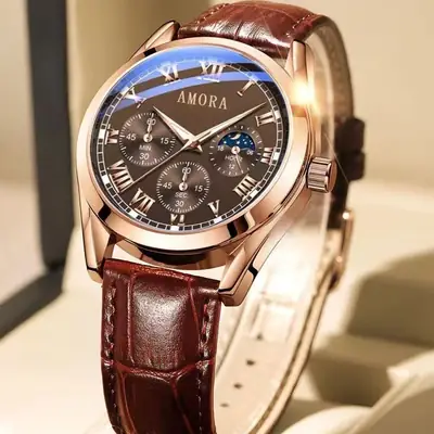 Amora Luminous Waterproof Men's Watch Brown Leather Strap