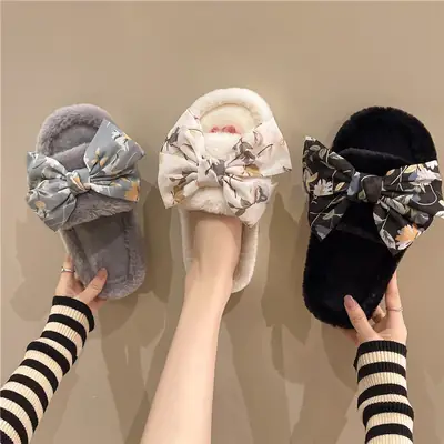 Cross-border foreign trade fashion bow flower fluffy slippers women's home slippers warm floor cotton slippers autumn and winter