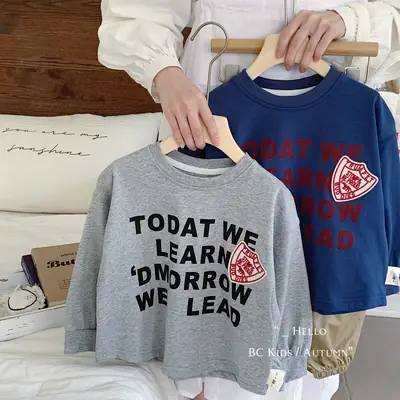 Children Letter Print T-Shirt Blue Grey Red