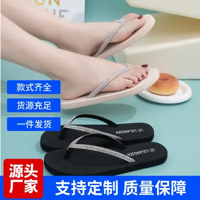 New cross-border colored diamond flip-flops women's summer high-end fashion Korean-style rhinestone flat bottom comfortable clip feet