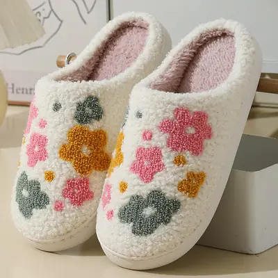 New Comfortable Home Cute Colored Flowers Winter Cotton Slippers for Men and Women Couple Warm Indoor Cotton Slippers Wholesale