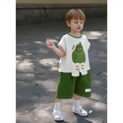 Children's Sleeveless T-Shirt & Shorts Set Green White Cotton Summer