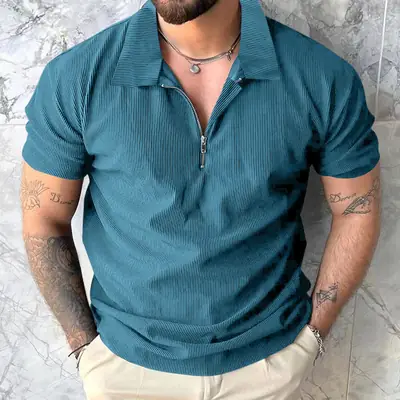 Men's Grey Zipper Polo T-Shirt Short Sleeve Summer