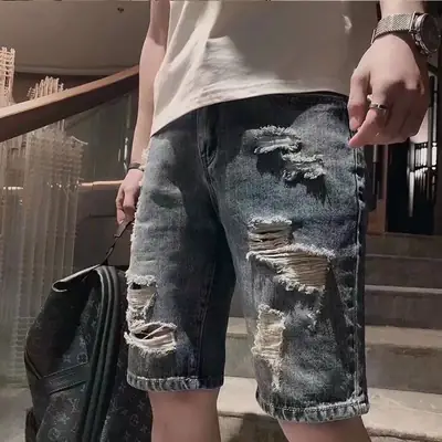 Men New Hole Denim Shorts Straight Cut Summer Casual