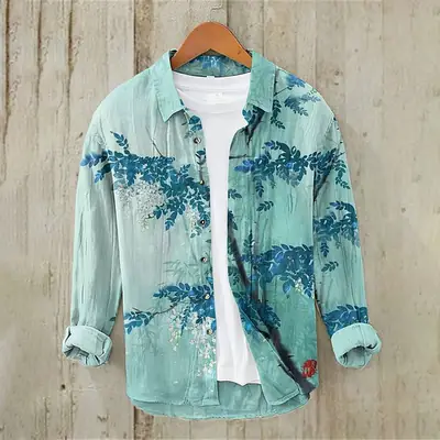 Men's 3D Digital Printed Breasted Shirt White Blue Waves