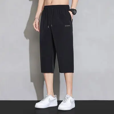 Men Grey Capri Shorts Ice Silk Summer Casual Wear