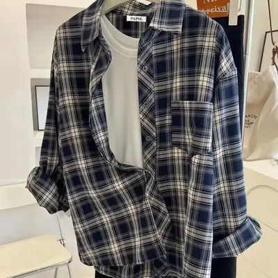 Men Plaid Long Sleeve Shirt Loose Cleanfit 2024