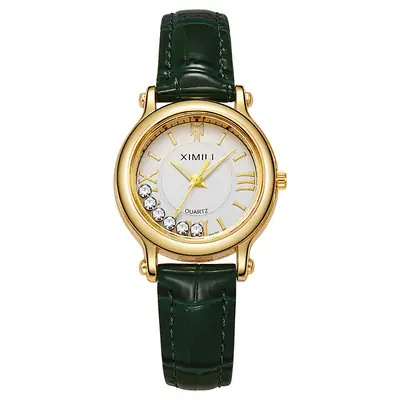 Women's Gold Diamond Watch with Grey Leather Strap