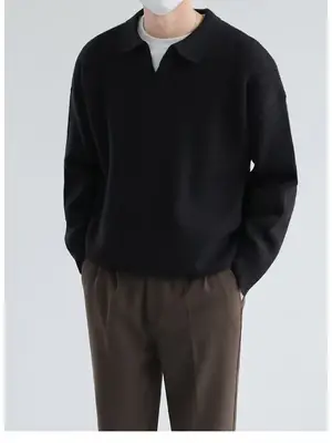 Men's Black Lapel Sweater Long Sleeve Loose Solid Color