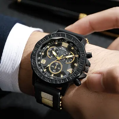 Men's Black Gold Chronograph Watch with Digital Display