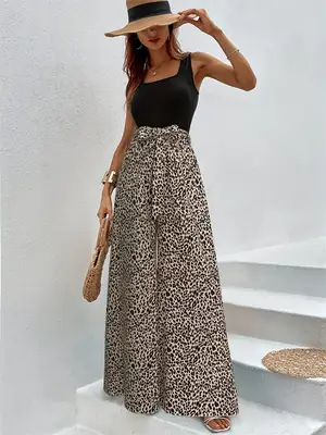 Women Leopard Print Flare Pants Stretch Slim Elastic Waist