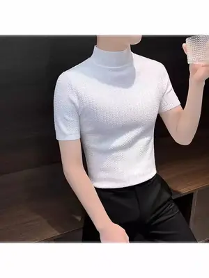 Men's Blue Knit Half-High Collar T-Shirt Short Sleeve