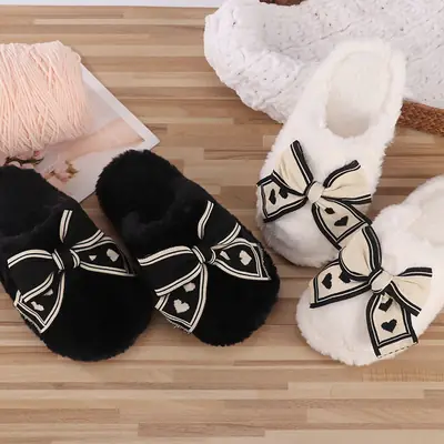 Women's Black Bow Moon Slippers Winter Warm Cotton