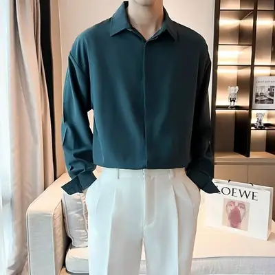 Men's Long Sleeve Ice Silk Shirt White Loose Spring Autumn