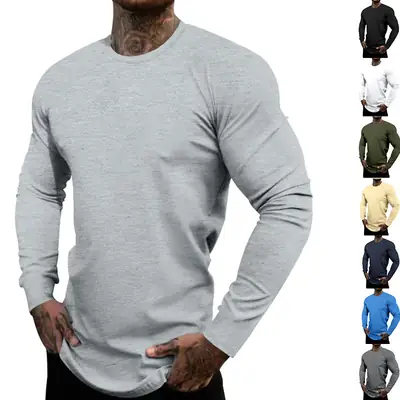 Men's Blue Long Sleeve Round Neck T-Shirt