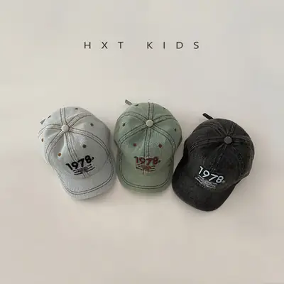 Children's Letter Embroidered Cap Blue Grey 1978