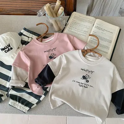 Pink Korean Kids T-Shirt Set for Boys Girls Spring Autumn