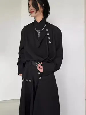 Men's Long Sleeve Draped Shirt Grey Black Set