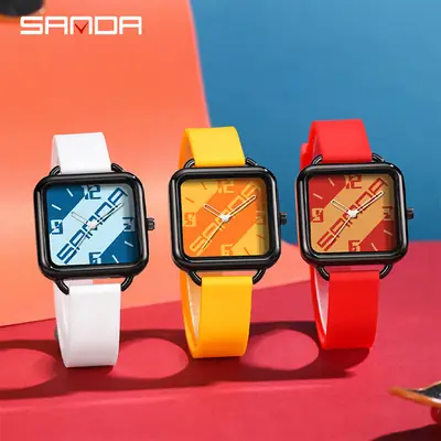Sanda Youth Color-Block Square Watch for Men Women