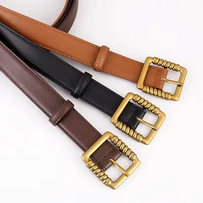 Women's Black Genuine Leather Belt with Gold Buckle