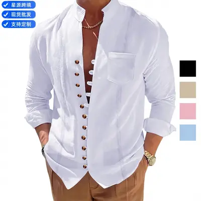Men's White Cuban Style Long Sleeve Shirt Cotton Linen