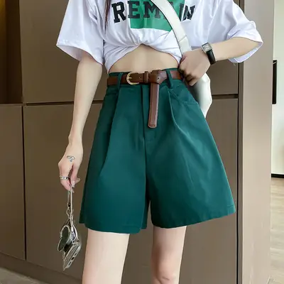 Women Cotton Belt Shorts White High Waist Slimming