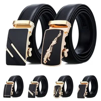 Men's Black Leather Belt with Gold Buckle