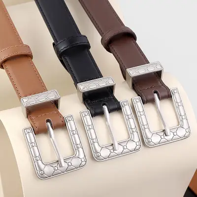 Brown Leather Belt with Silver Buckle for Women
