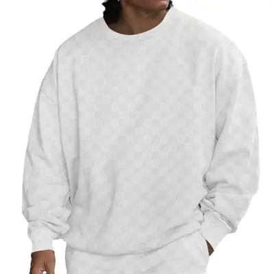 Men's Heavy Jacquard Checkerboard T-Shirt Tan Round Neck