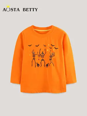 Aosta Betty Orange Long Sleeve T-Shirt with Halloween Deer Print