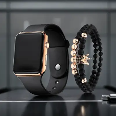Men's Black Silicone Smart Watch with Bracelet Set