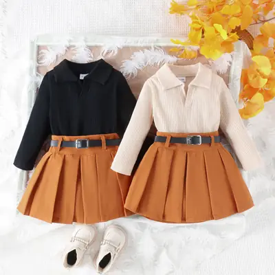 Girls V-Neck Pleated Skirt Set with Belt